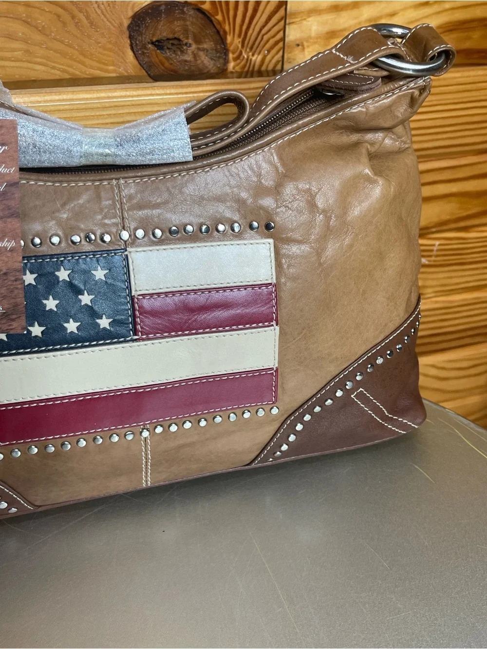 Western Trenditions Women's Brown Leather Patriotic Bag with American Flag